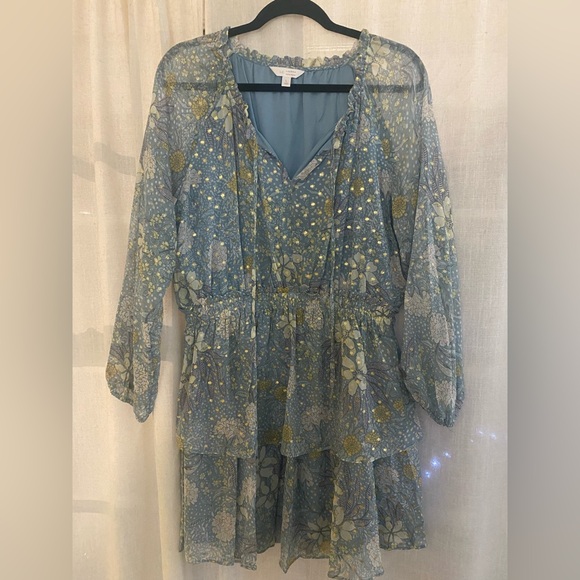 Lauren Conrad long sleeve mini peasant dress blue and gold size large - Picture 3 of 9